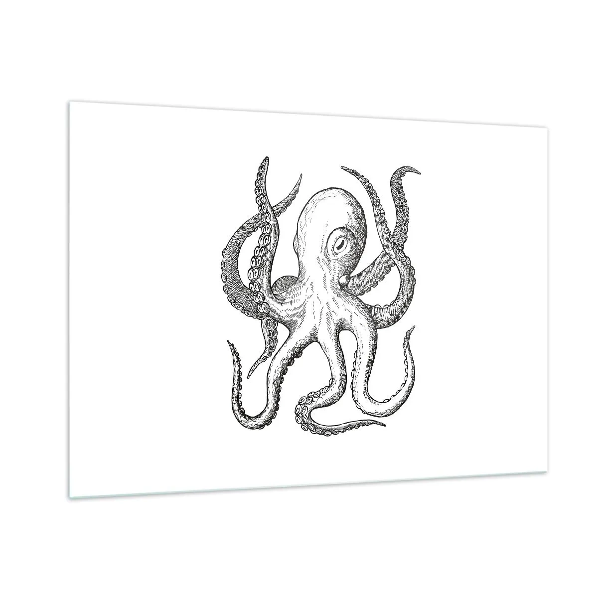 Glasbild - Bild auf glas - Schwarz-weiße Zeichnung eines Oktopus auf weißem Hintergrund - 100x70cm - Mit den Wellen tanzen - Moderne Wanddekoration für Wohnzimmer und Schlafzimmer ARTTOR