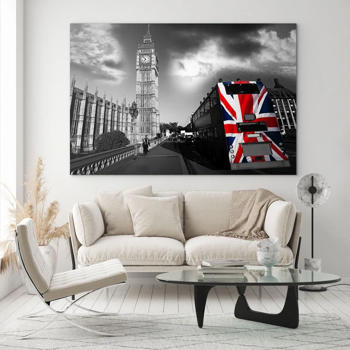 Glasbild - Bild auf glas - Big Ben und ein Bus mit britischer Flagge - 100x70cm - Stolz und toll - Moderne Wanddekoration für Wohnzimmer und Schlafzimmer ARTTOR