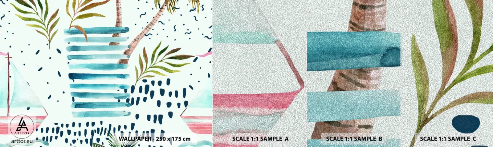 Fototapeten Muster Premium Sand - Urlaub unter Palmen - Aquarelle, Kokusnuss-Palme, Segelboot - 100x30 cm