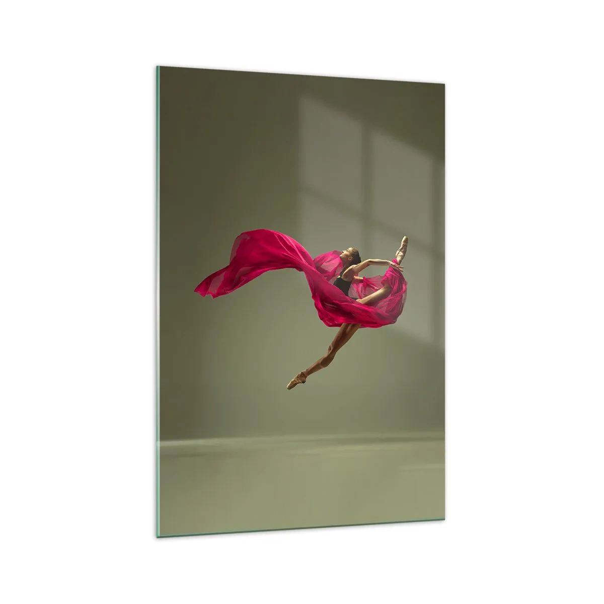 Glasbild - Bild auf glas - Balletttänzerin in dynamischer Pose mit rosa Stoff - 70x100cm - Tanzende Flamme - Moderne Wanddekoration für Wohnzimmer und Schlafzimmer ARTTOR