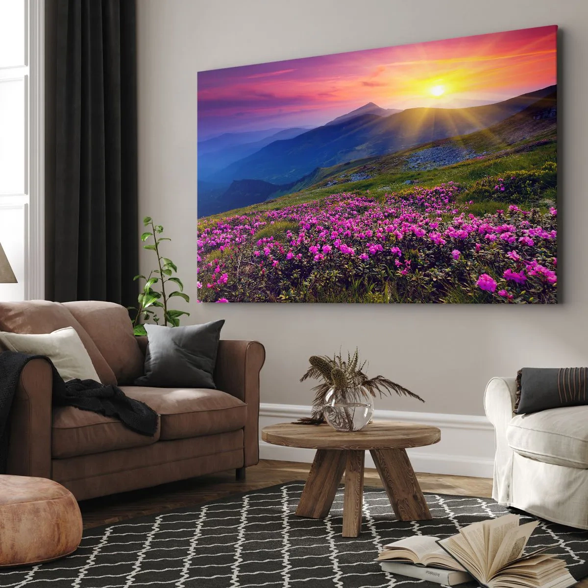 Bild auf Leinwand - Leinwandbild - Eine blühende Wiese mit Blick auf die Berge bei Sonnenuntergang - 120x80cm - … Und drumherum duftet es nach Latschenkiefer und dem Duft von Kräutern - Moderne Wanddekoration für Wohnzimmer und Schlafzimmer ARTTOR