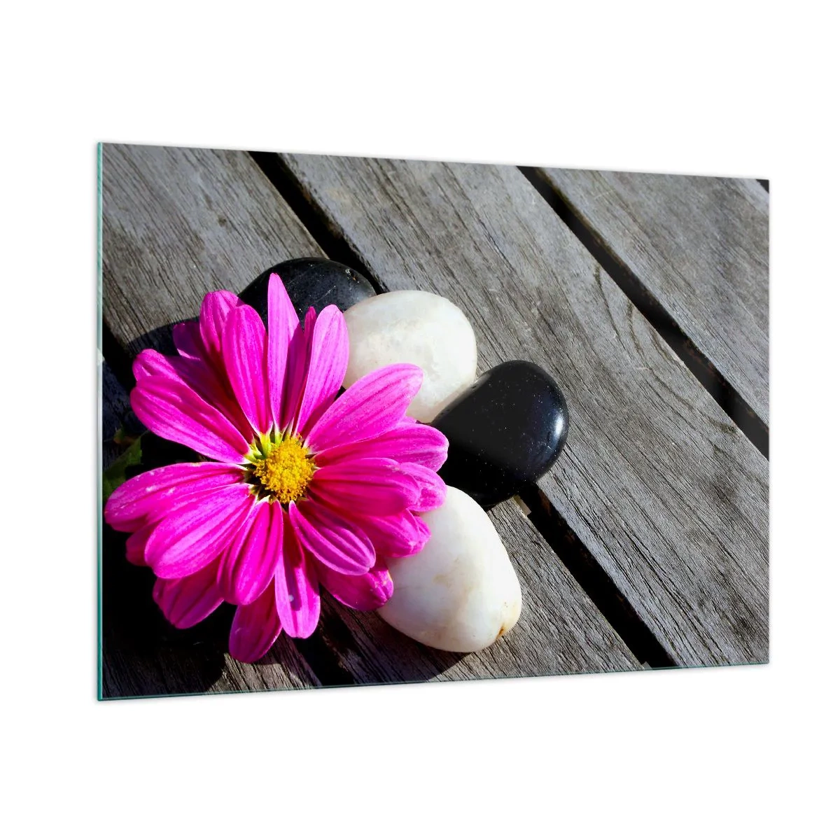 Glasbild - Bild auf glas - Rosa Blume mit Steinen auf einem hölzernen Hintergrund - 100x70cm - Ruhe auf dem Pier - Moderne Wanddekoration für Wohnzimmer und Schlafzimmer ARTTOR