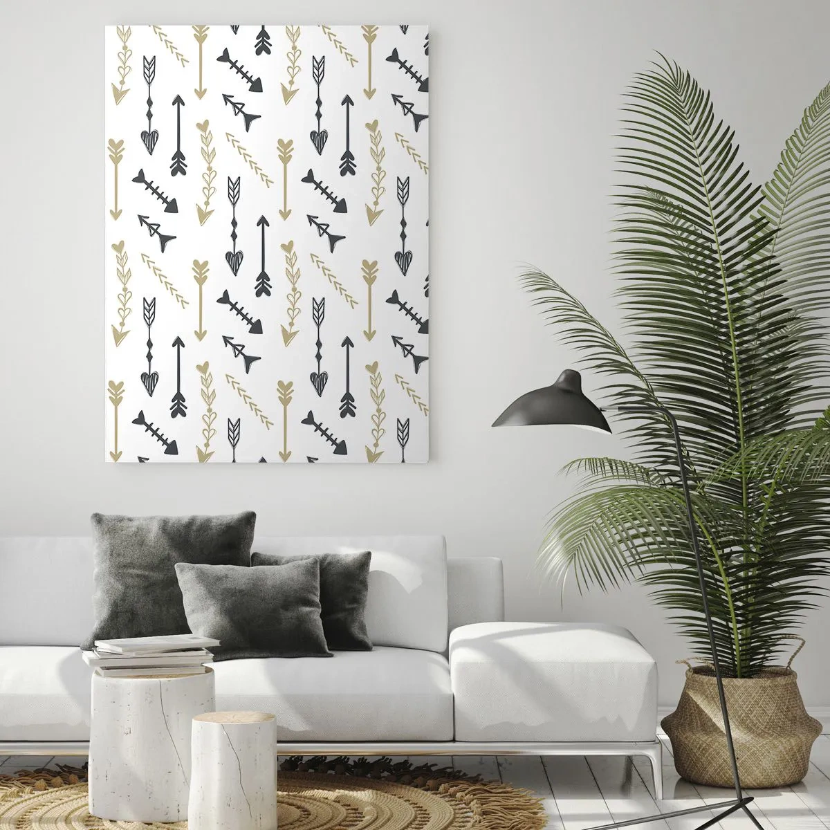 Glasbild - Bild auf glas - Ein minimalistisches Muster mit Pfeilen in Beige- und Grautönen. - 80x120cm - Der Traum des Bogenschützen - Moderne Wanddekoration für Wohnzimmer und Schlafzimmer ARTTOR