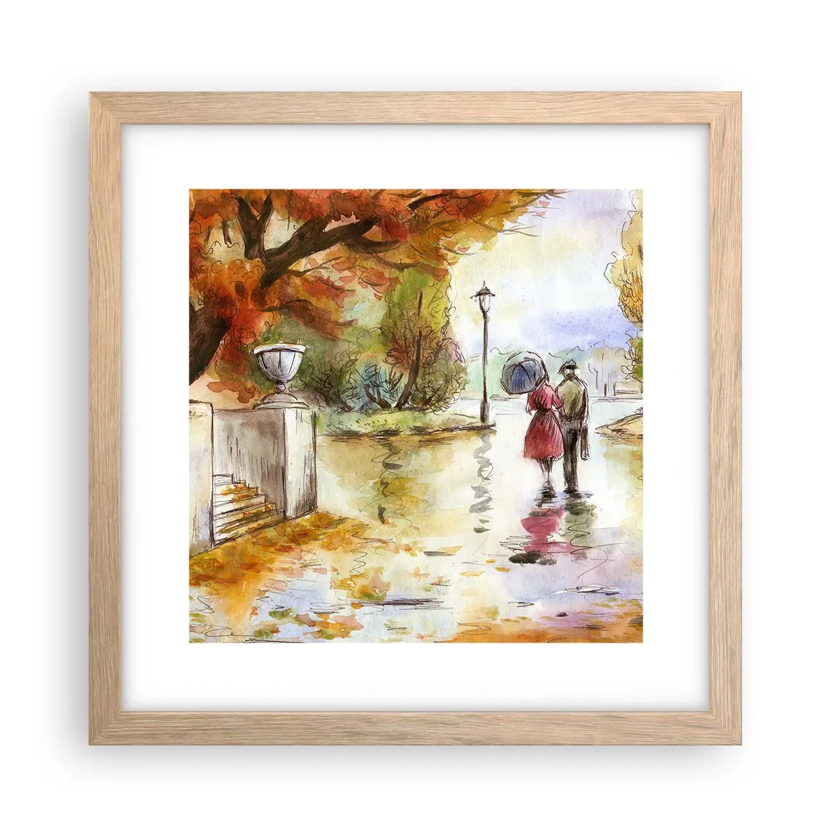 Poster in einem Rahmen aus heller Eiche - Romantischer Herbst im Park - 30x30 cm
