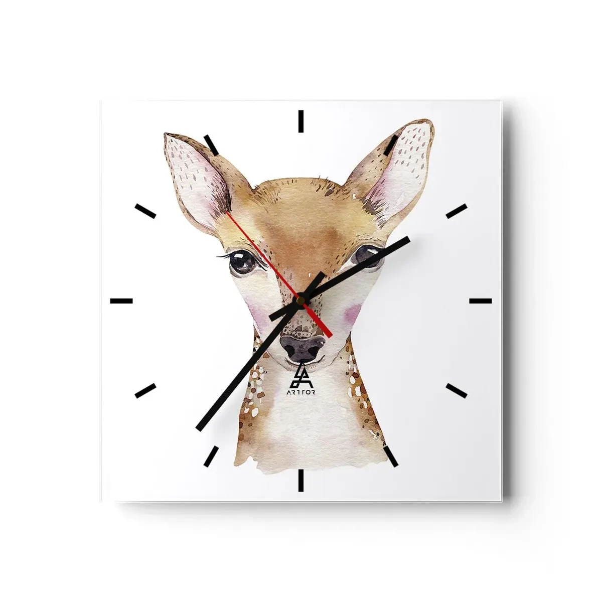 Wanduhr - Glasuhr - Aquarellporträt eines jungen Rehs auf weißem Hintergrund - 30x30cm - Die Natur der Unschuld - Moderne Wanddekoration für Wohnzimmer und Schlafzimmer ARTTOR