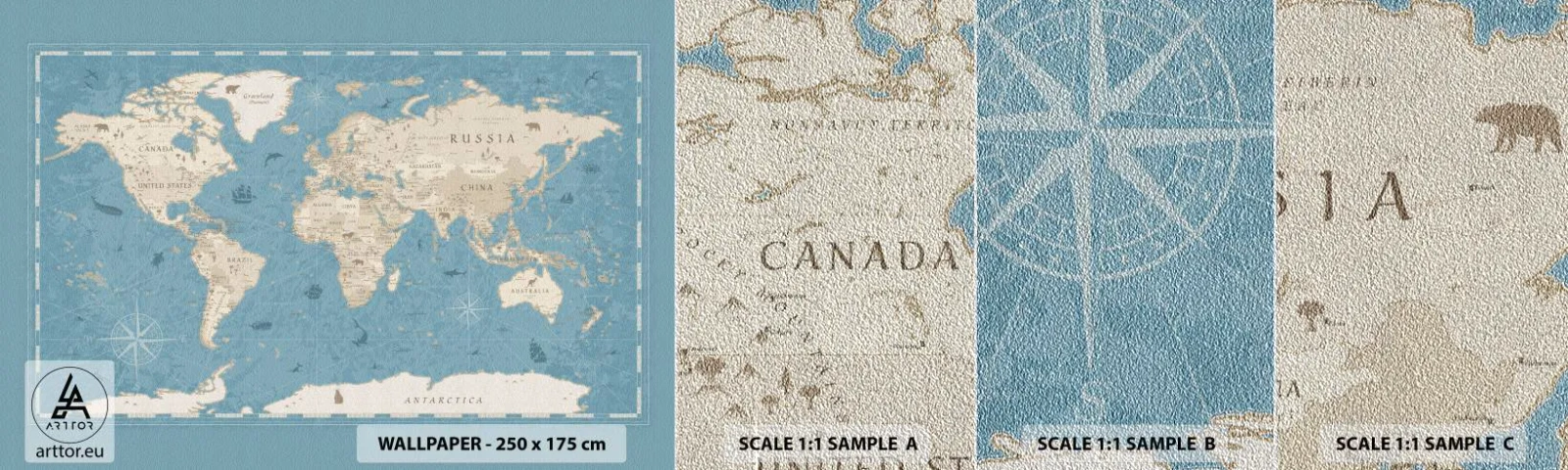 Fototapeten Muster Premium Sand - Die Welt liegt zum Greifen nah - Weltkarte, Jahrgang, Grunge - 100x30 cm