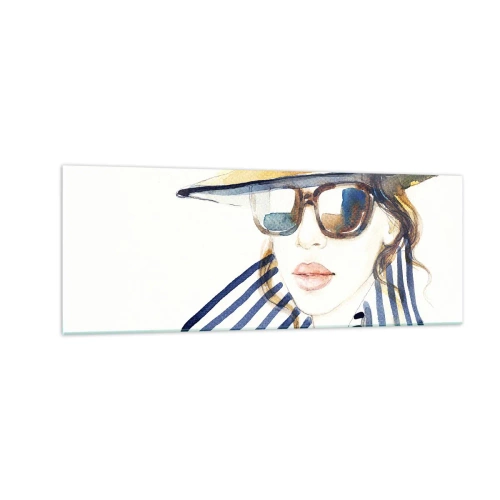 Glasbild - Bild auf glas - Porträt einer Frau mit Hut und Sonnenbrille - 140x50cm - Florida heißt Sie willkommen! - Moderne Wanddekoration für Wohnzimmer und Schlafzimmer ARTTOR