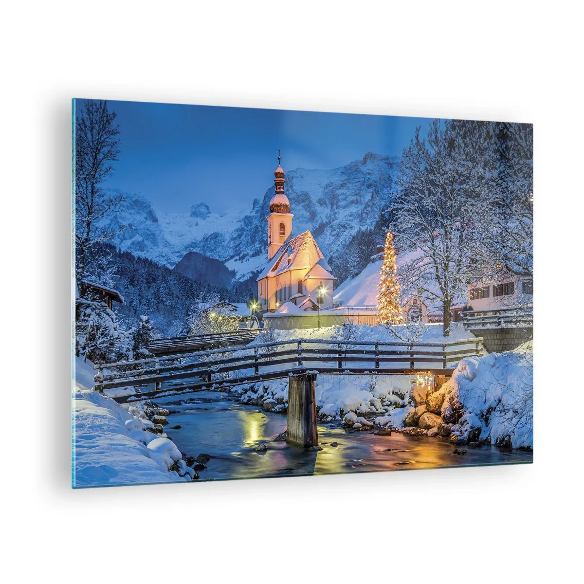Glasbild - Bild auf glas - Weihnachtslandschaft in winterlicher Kulisse - 70x50cm - Weihnachtsgeist - Moderne Wanddekoration für Wohnzimmer und Schlafzimmer ARTTOR