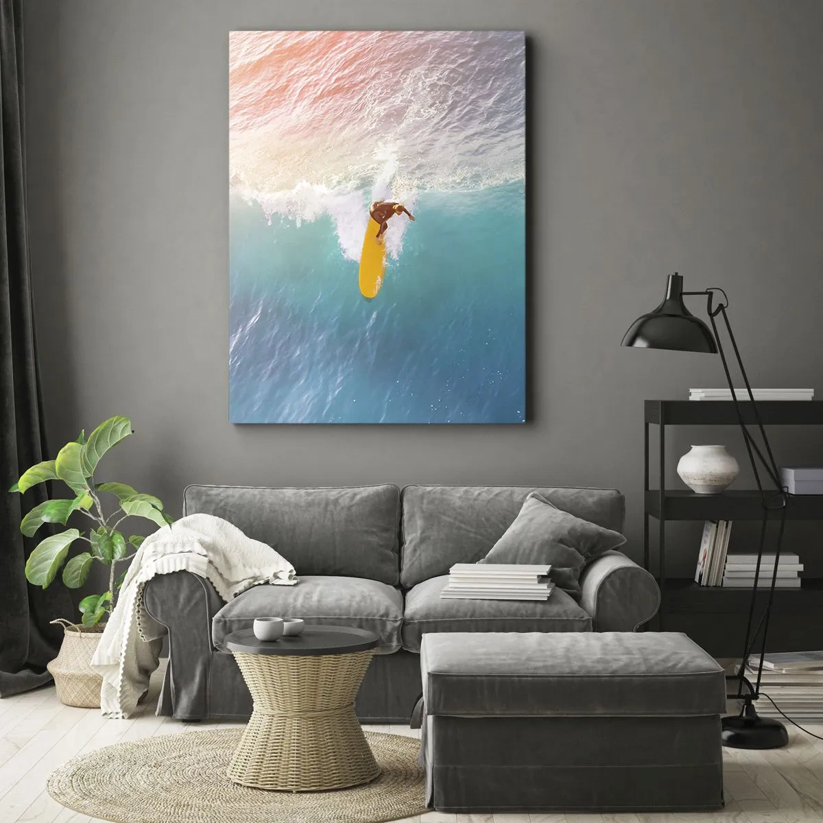 Bild auf Leinwand - Leinwandbild - Surfer auf einer Welle in Pastellfarben - 50x70cm - Der Ozeanreiter - Moderne Wanddekoration für Wohnzimmer und Schlafzimmer ARTTOR