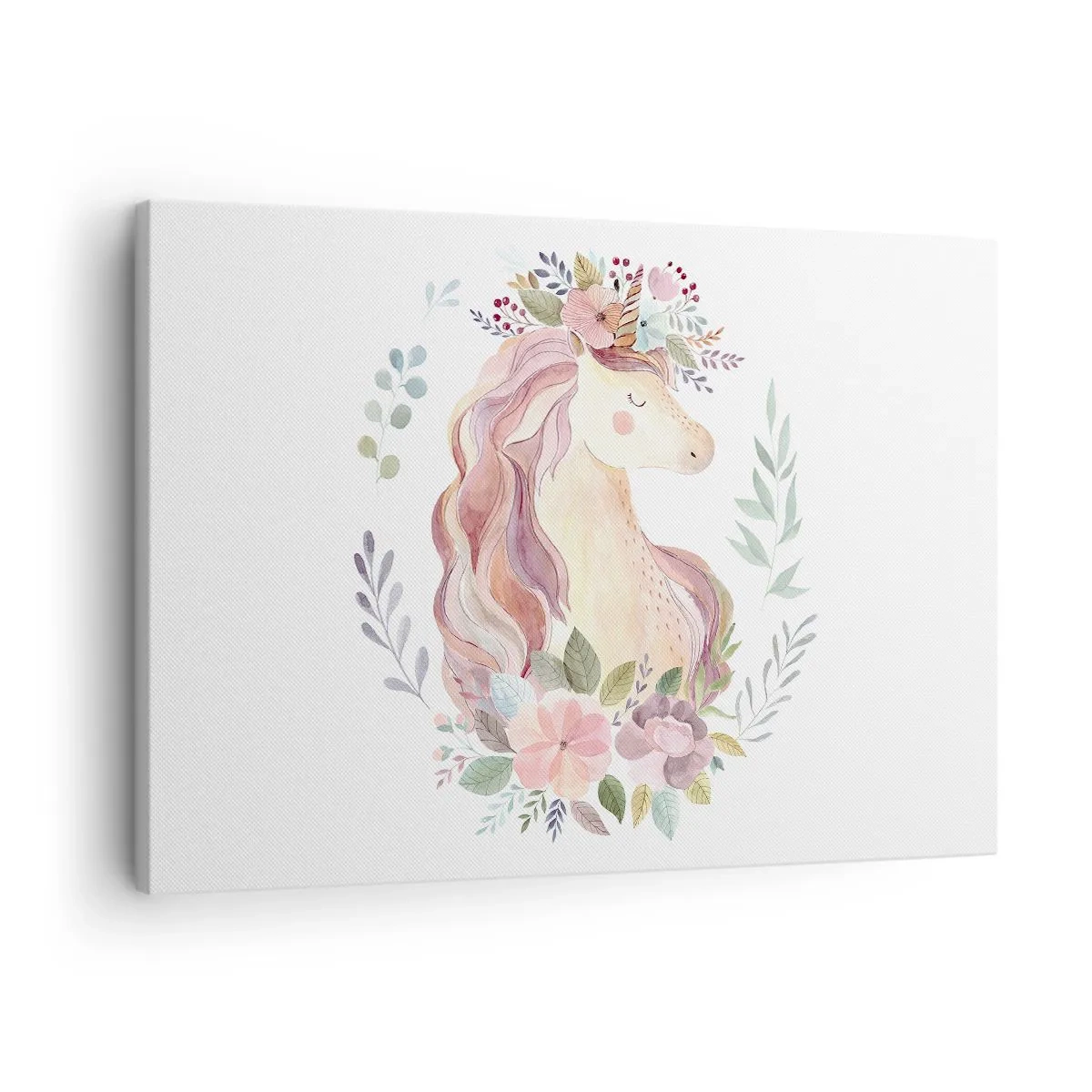 Bild auf Leinwand - Leinwandbild - Ein Einhorn in Pastellfarben, umgeben von Blumen - 70x50cm - Eine Einladung in die Welt der Märchen - Moderne Wanddekoration für Wohnzimmer und Schlafzimmer ARTTOR