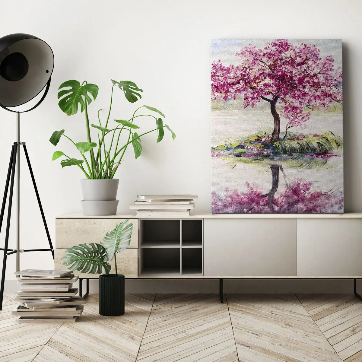 Bild auf Leinwand - Leinwandbild - Ein blühender Baum auf stillem Wasser - 80x120cm - Der Ritus des Frühlings - Moderne Wanddekoration für Wohnzimmer und Schlafzimmer ARTTOR