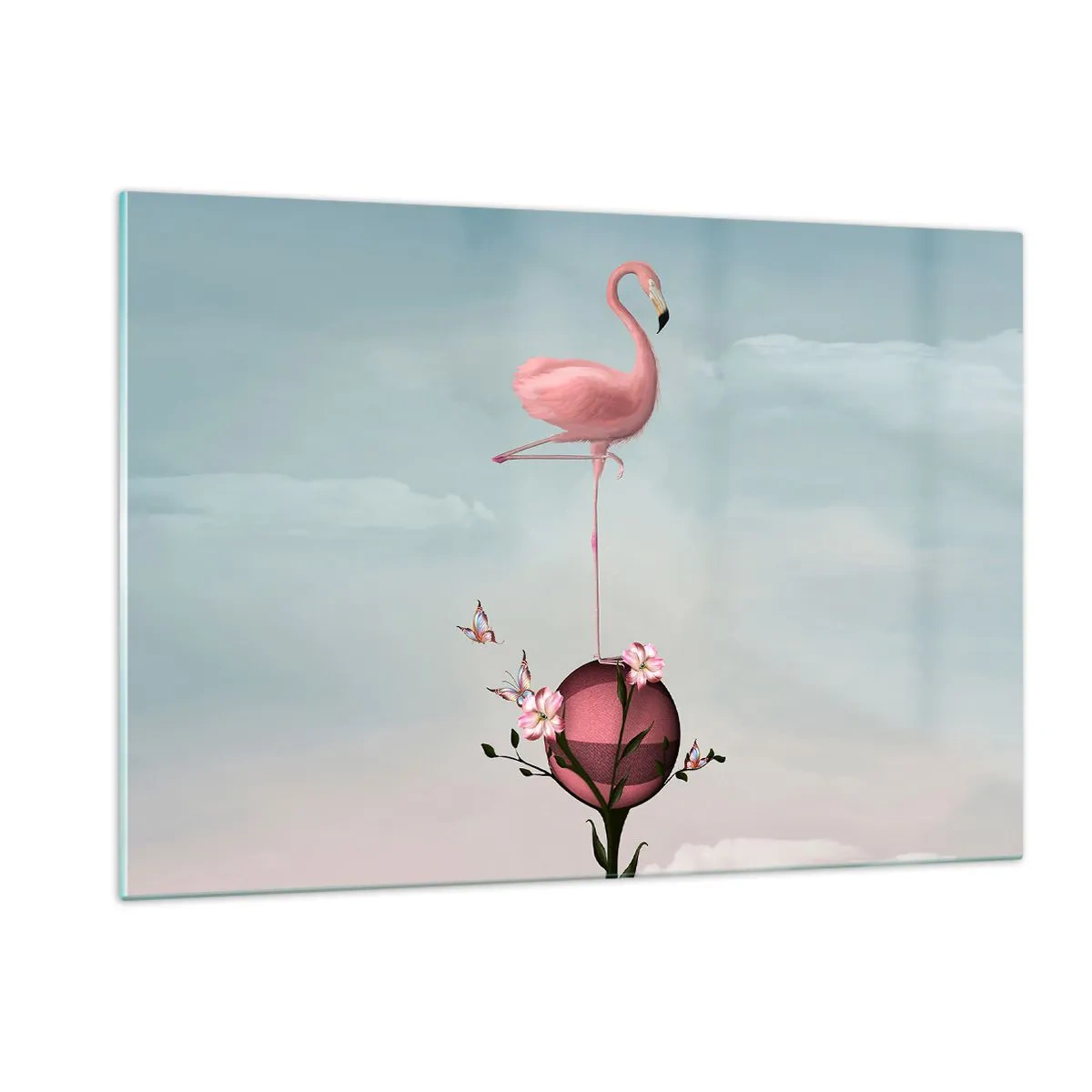 Glasbild - Bild auf glas - Ein rosa Flamingo steht auf einer dekorativen Kugel mit Blumen und Schmetterlingen. - 120x80cm - Basketball-Allegorie - Moderne Wanddekoration für Wohnzimmer und Schlafzimmer ARTTOR