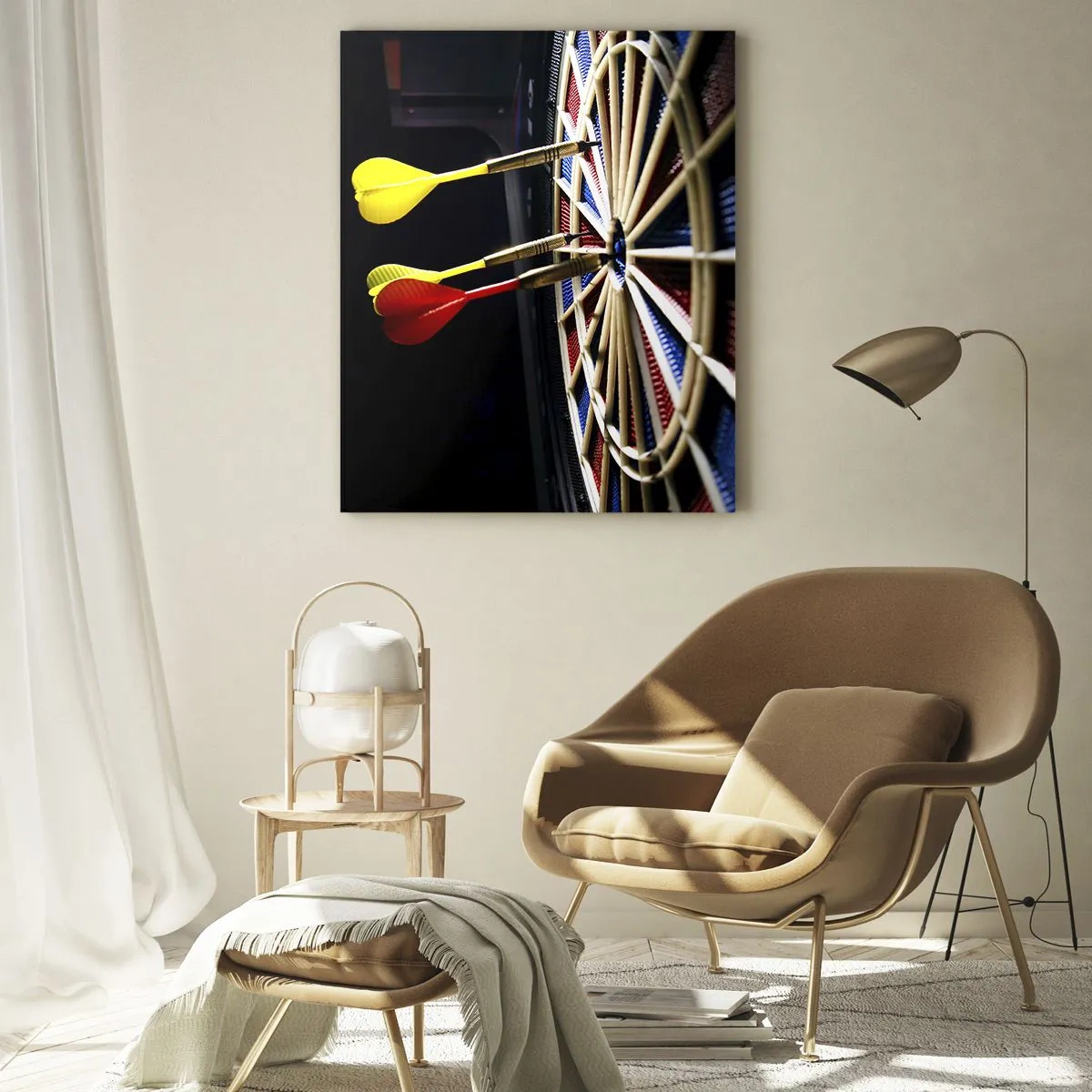 Glasbild - Bild auf glas - Eine Dartscheibe mit getroffenen Darts auf schwarzem Hintergrund - 70x100cm - Auf den Punkt gebracht - Moderne Wanddekoration für Wohnzimmer und Schlafzimmer ARTTOR