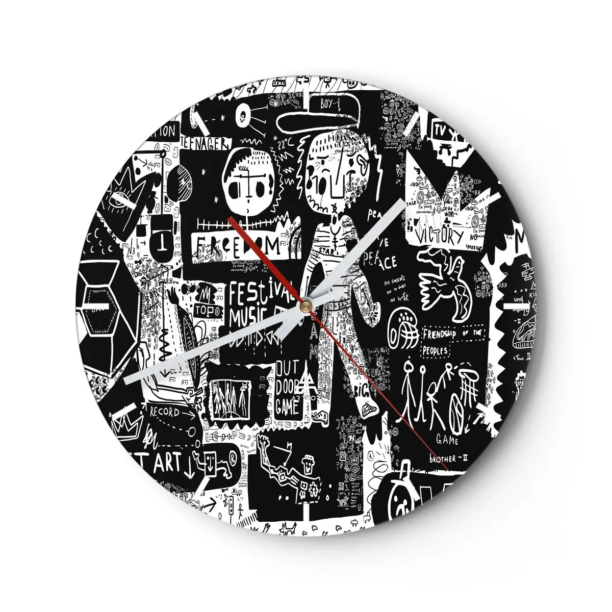 Wanduhr - Glasuhr - Ein Zifferblatt mit einem dynamischen, schwarz-weißen, künstlerischen Doodle-Motiv. - 30x30cm - Spirituelle Jugend des Gesetzes und der Freude - Moderne Wanddekoration für Wohnzimmer, Küche und Schlafzimmer ARTTOR