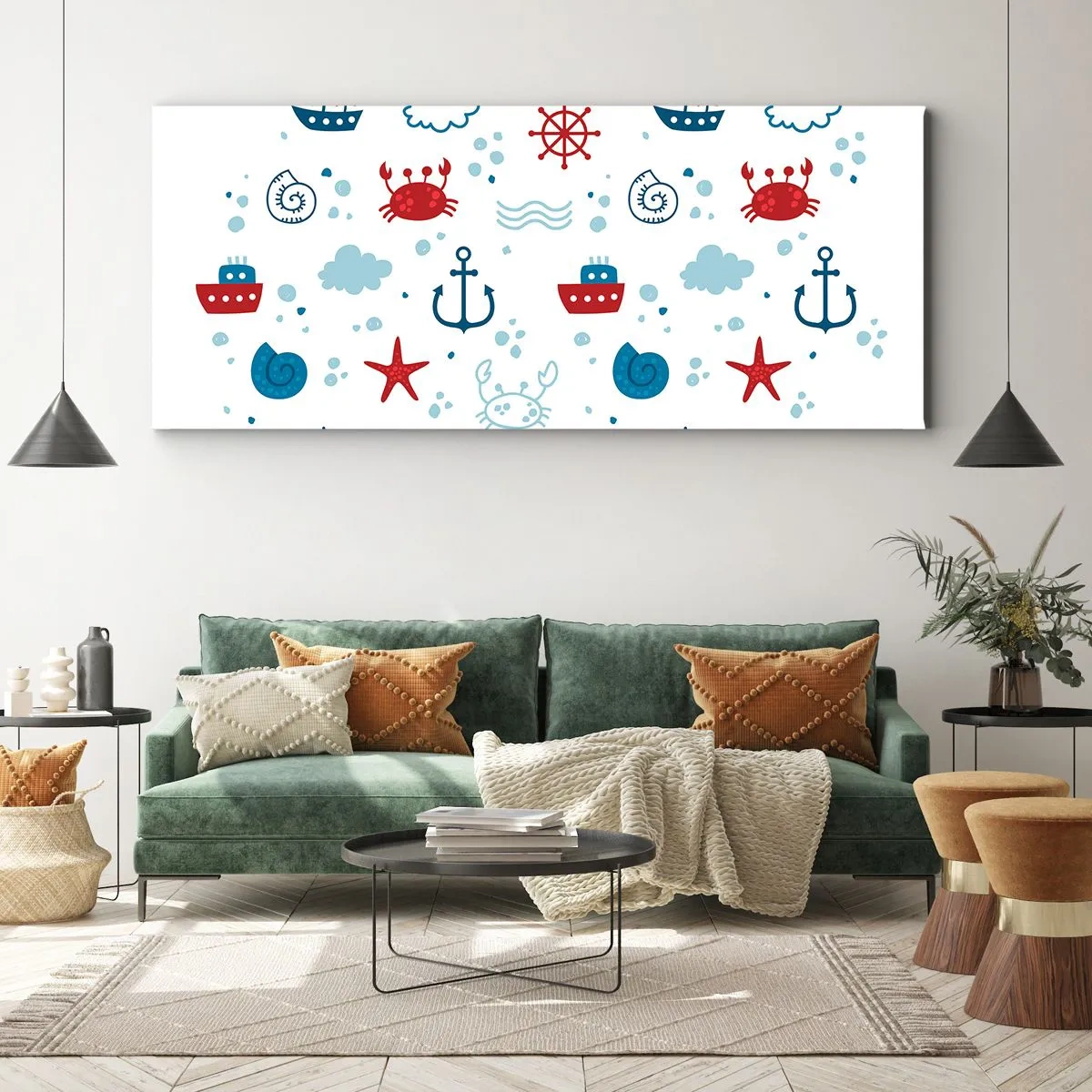 Bild auf Leinwand - Leinwandbild - Nautisches Muster mit Ankern, Schiffen und Krabben - 160x50cm - Märchen vom Meer - Moderne Wanddekoration für Wohnzimmer und Schlafzimmer ARTTOR