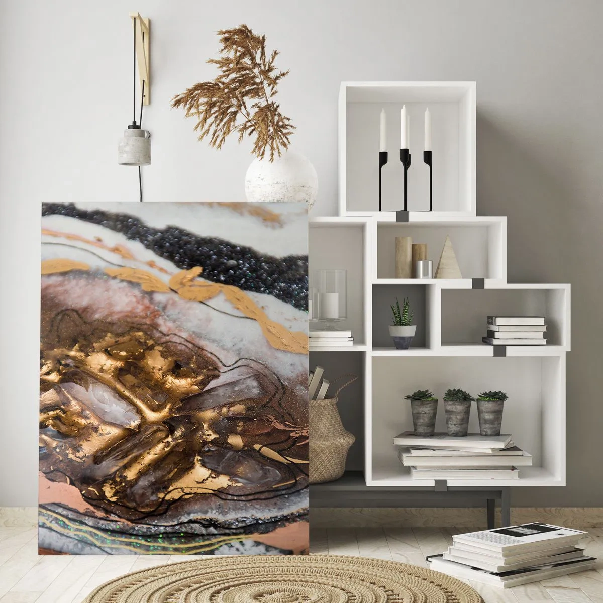 Glasbild - Bild auf glas - Abstrakte Komposition mit Elementen aus Gold und Kristallen - 80x120cm - Das Element der Erde - Moderne Wanddekoration für Wohnzimmer und Schlafzimmer ARTTOR