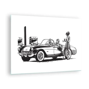 Glasbild - Bild auf glas - Kreative Grafiken mit einem Oldtimer und Figuren - 70x50cm - 60. - unbeschwertes Amerika - Moderne Wanddekoration für Wohnzimmer und Schlafzimmer ARTTOR