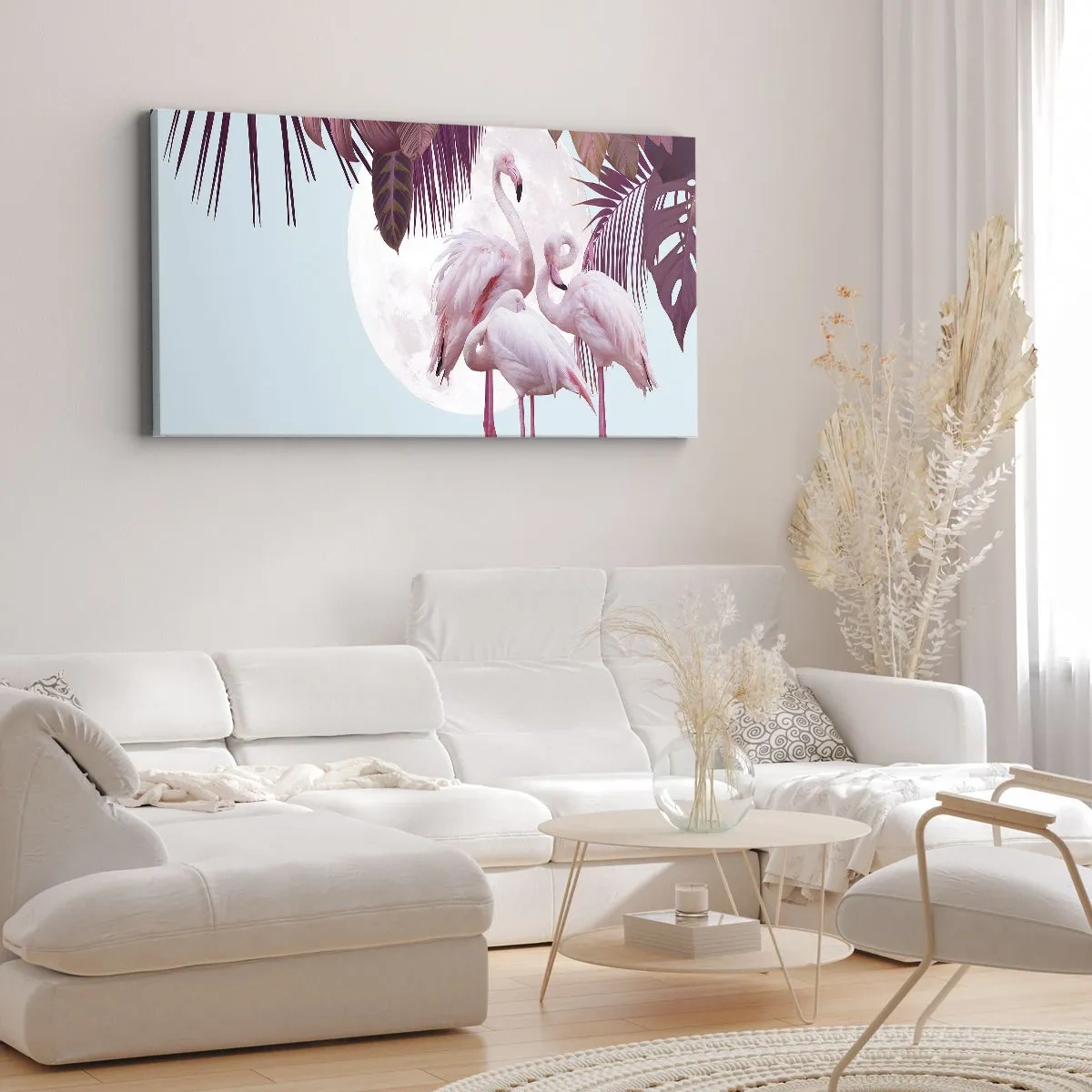 Bild auf Leinwand - Leinwandbild - Rosa Flamingos vor dem Hintergrund des Mondes und tropischer Blätter - 140x50cm - Drei Vogelgnaden - Moderne Wanddekoration für Wohnzimmer und Schlafzimmer ARTTOR