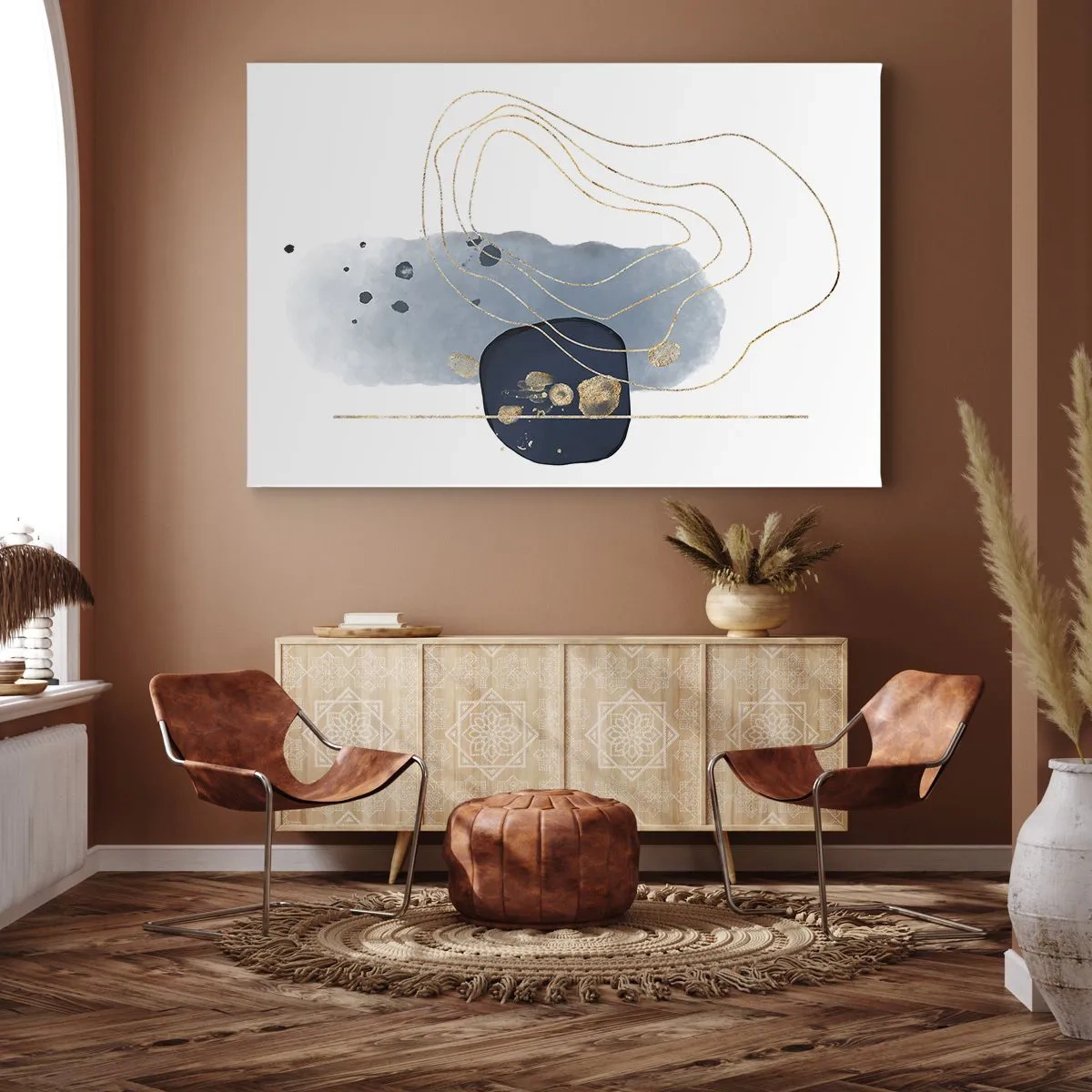 Bild auf Leinwand - Leinwandbild - Abstraktion in Blau- und Goldtönen - 100x70cm - Blau-goldene Fantasie - Moderne Wanddekoration für Wohnzimmer und Schlafzimmer ARTTOR