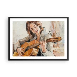 Poster in einem schwarzem Rahmen - Porträt eines Gitarre spielenden Mädchens in malerischem Stil mit warmen Farben. - 70x50cm - Konzert für Gitarre und Mädchenherz - Moderne Wanddekoration für Wohnzimmer und Schlafzimmer ARTTOR