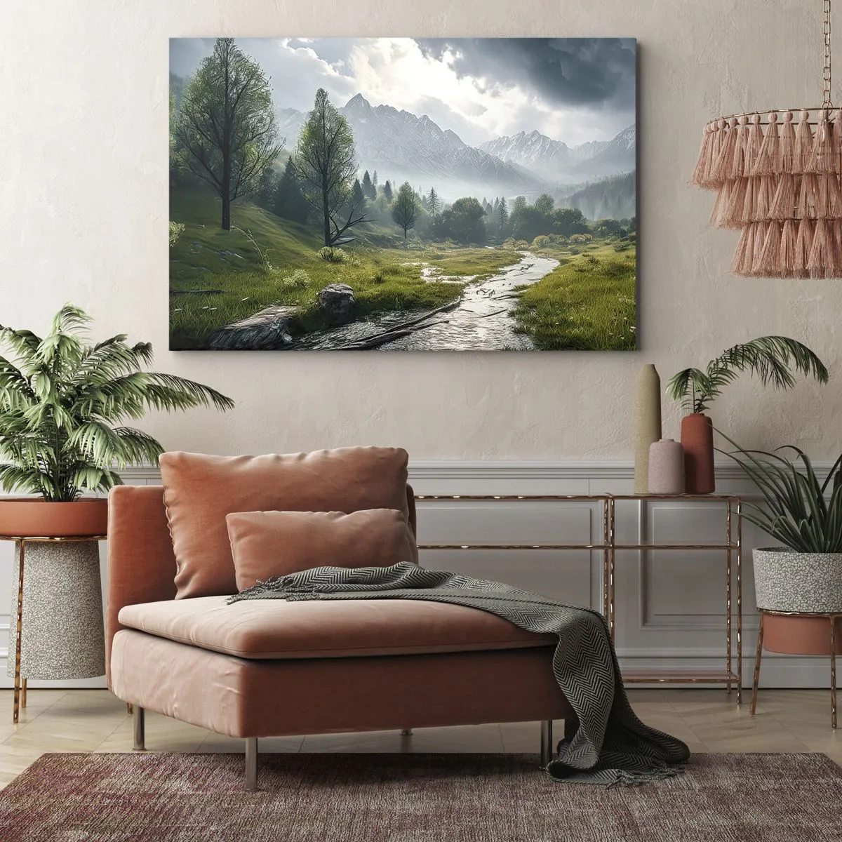 Bild auf Leinwand - Leinwandbild - Eine Berglandschaft mit einem Fluss und Bäumen, umgeben von nebligen Bergen - 100x70cm - Hin und zurück - Moderne Wanddekoration für Wohnzimmer und Schlafzimmer ARTTOR