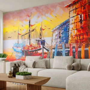 Fototapete Standard Eco - Glückliche Rückkehr - Landschaft, Fischerhafen, Boote - 450x315 cm