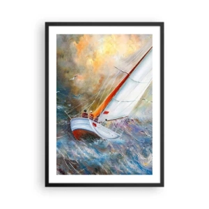 Poster in einem schwarzem Rahmen - Eine Yacht segelt auf stürmischer See in einer malerischen Landschaft - 50x70cm - Durch die Wellen laufend - Moderne Wanddekoration für Wohnzimmer und Schlafzimmer ARTTOR