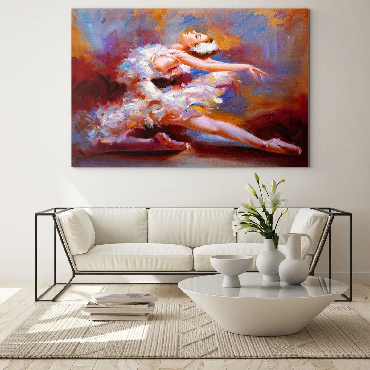 Glasbild - Bild auf glas - Eine Ballerina in einer dynamischen Pose vor einem Hintergrund aus abstrakten Farben. - 120x80cm - Schwan Gnade - Moderne Wanddekoration für Wohnzimmer und Schlafzimmer ARTTOR