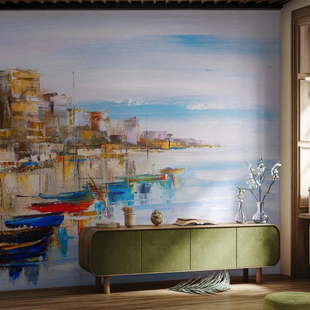 Fototapete Premium Sand - Ein farbenfroher Eindruck eines Hafens und von Booten im malerischen Stil - 100x70cm - Bunte urbane Oase - Moderne Wanddekoration für Wohnzimmer und Schlafzimmer ARTTOR