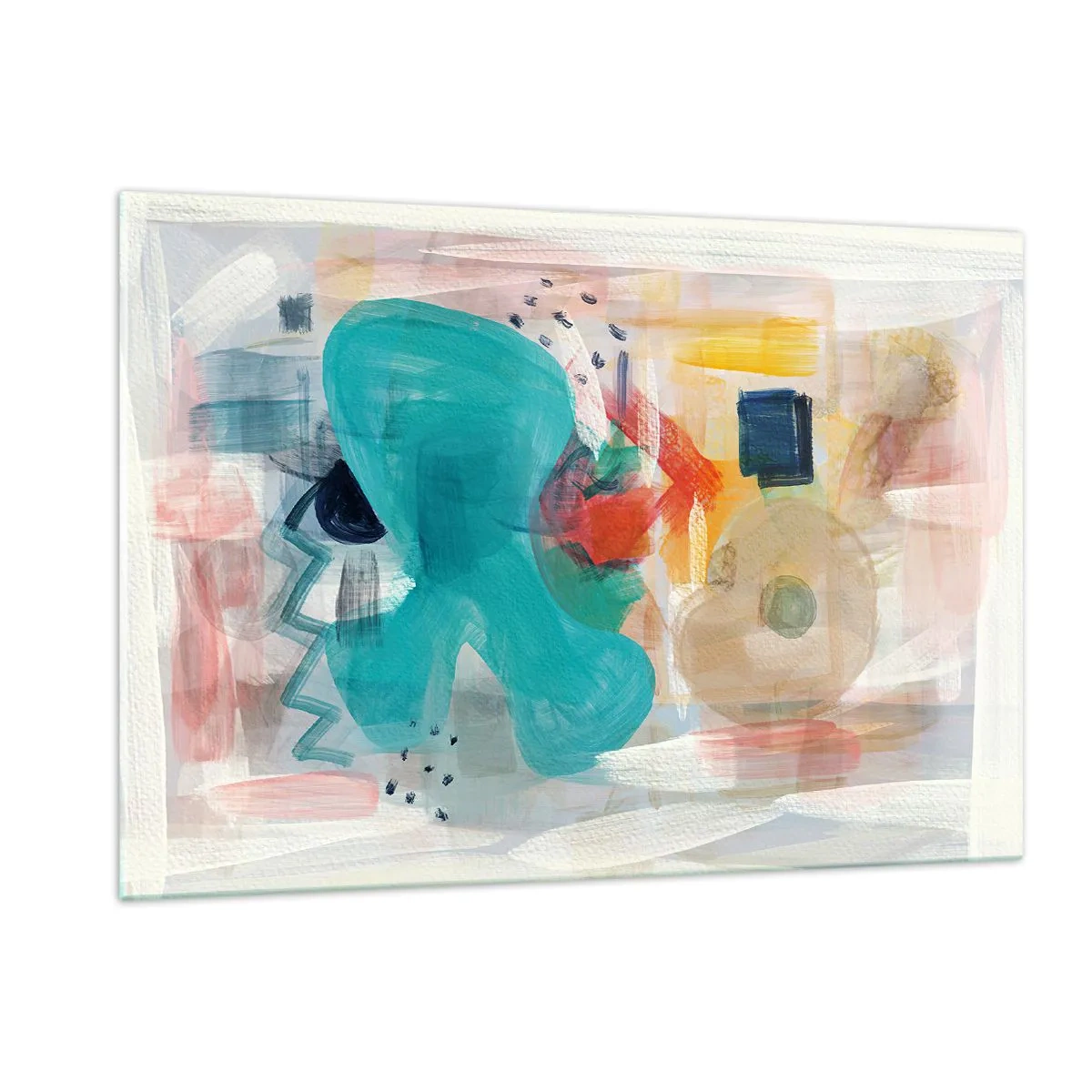 Glasbild - Bild auf glas - Eine farbenfrohe Abstraktion mit Spritzern in Türkis, Rot und Beige. - 120x80cm - Buntes Spiel - Moderne Wanddekoration für Wohnzimmer und Schlafzimmer ARTTOR