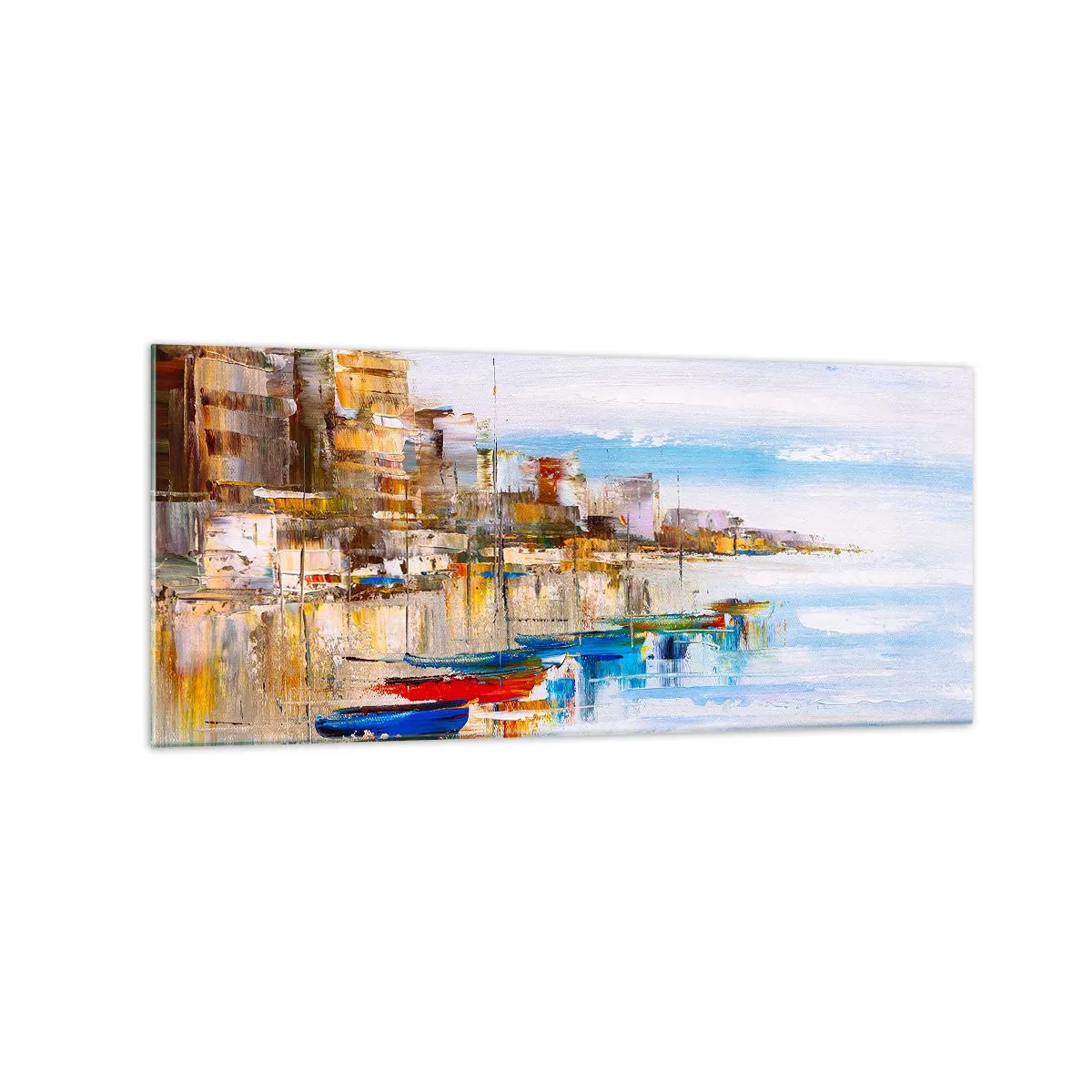 Glasbild - Bild auf glas - Bunte Boote am Ufer mit Blick auf die Skyline der Stadt - 120x50cm - Bunte urbane Oase - Moderne Wanddekoration für Wohnzimmer und Schlafzimmer ARTTOR