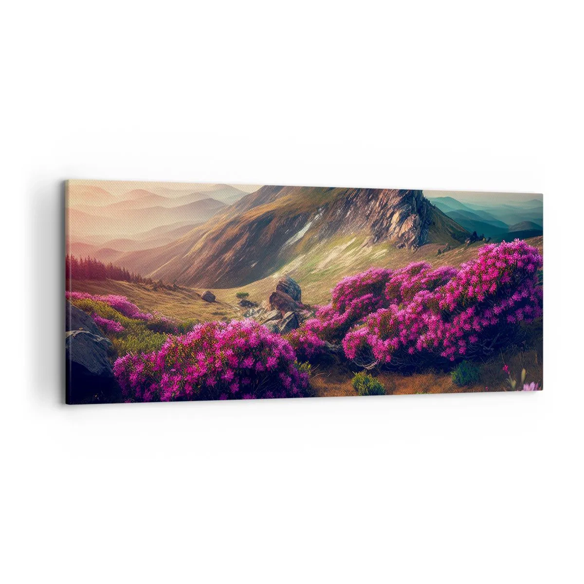 Bild auf Leinwand - Leinwandbild - Berglandschaft mit blühenden Rhododendren - 120x50cm - Sommer in den Bergen - Moderne Wanddekoration für Wohnzimmer und Schlafzimmer ARTTOR