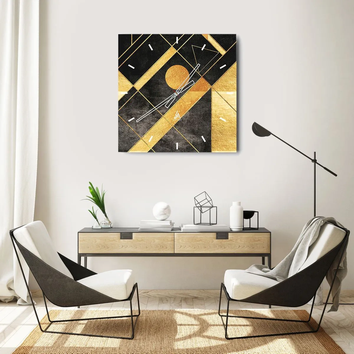 Wanduhr - Glasuhr - Geometrische Formen in Gold- und Schwarztönen - 30x30cm - Die Sonne der Wüste - Moderne Wanddekoration für Wohnzimmer und Schlafzimmer ARTTOR