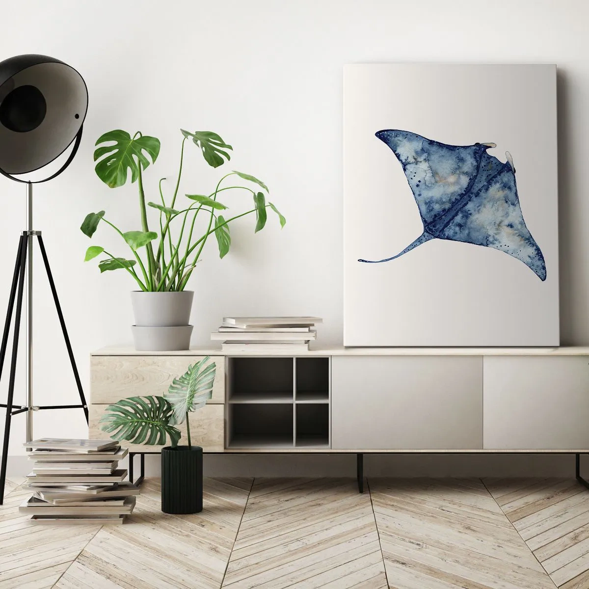 Bild auf Leinwand - Leinwandbild - Blauer Stachelrochen im Aquarellstil auf weißem Hintergrund - 70x100cm - Leben im Blau - Moderne Wanddekoration für Wohnzimmer und Schlafzimmer ARTTOR
