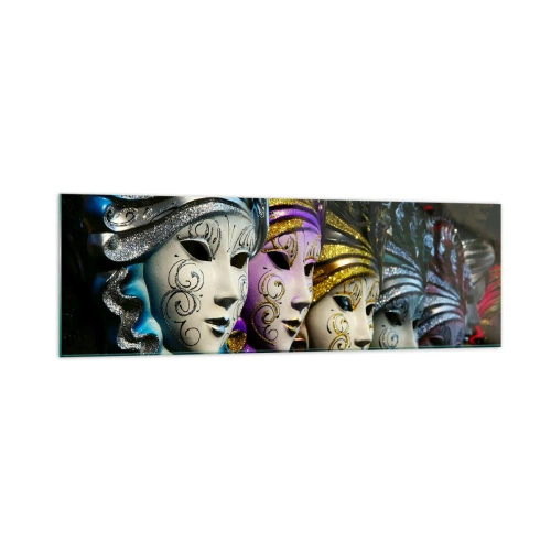 Glasbild - Bild auf glas - Venezianische Masken in verschiedenen Farben mit dekorativen Mustern - 160x50cm - Geheimnis in Gold und Silber - Moderne Wanddekoration für Wohnzimmer und Schlafzimmer ARTTOR