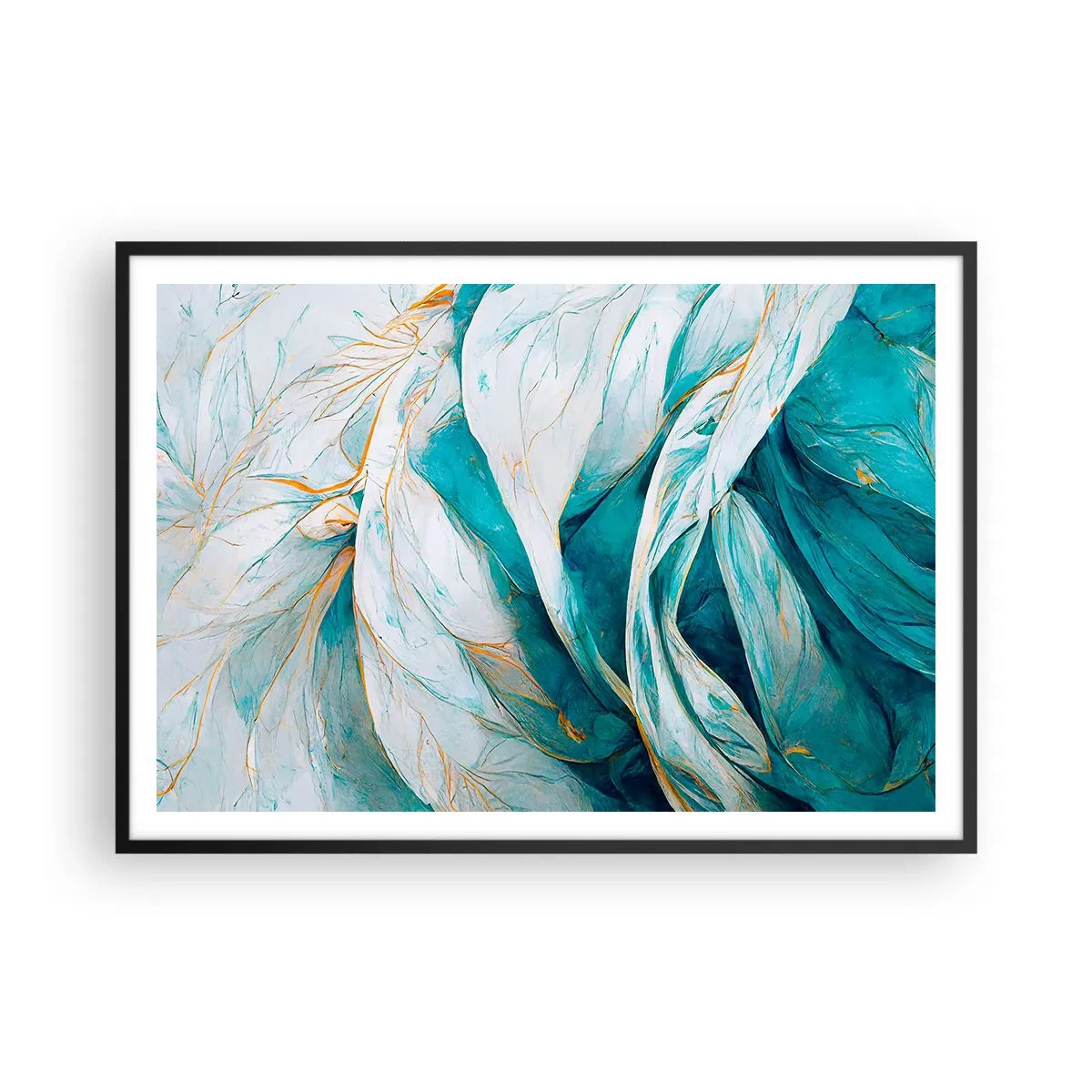 Poster in einem schwarzem Rahmen - Abstrakte blaue Blätter mit goldenen Details - 100x70cm - Blaue Abstraktion mit goldenem Motiv - Moderne Wanddekoration für Wohnzimmer und Schlafzimmer ARTTOR