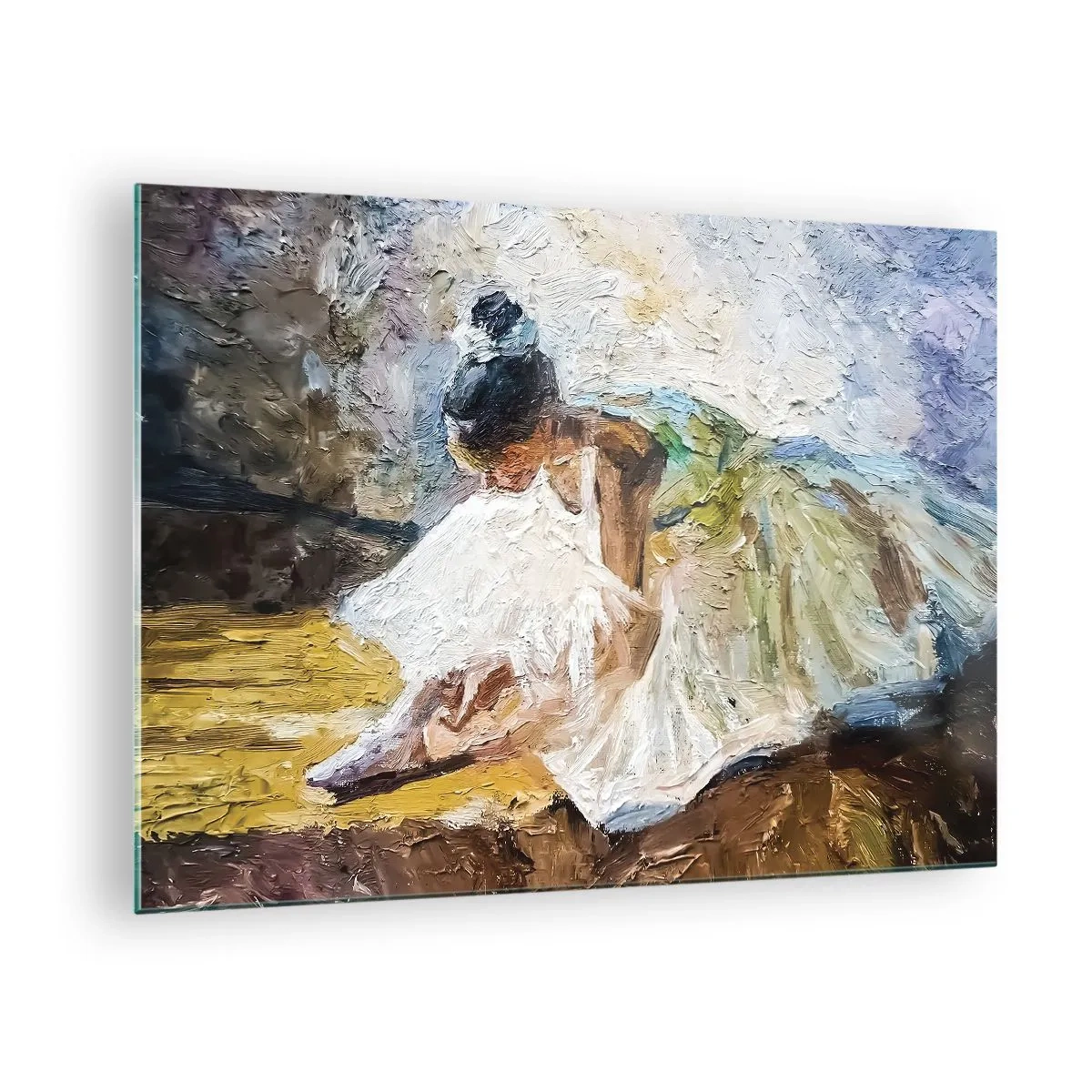 Glasbild - Bild auf glas - Eine nach vorne gebeugte Ballerina in einem weißen Kleid, das mit einer Öltextur bemalt ist - 70x50cm - Aus einem Gemälde von Degas - Moderne Wanddekoration für Wohnzimmer und Schlafzimmer ARTTOR