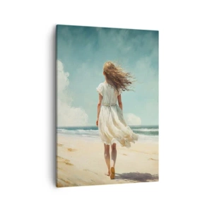 Bild auf Leinwand - Leinwandbild - Eine Frau in einem weißen Kleid geht an einem sonnigen Tag am Strand spazieren - 50x70cm - Der Sonne und dem Wind begegnen - Moderne Wanddekoration für Wohnzimmer und Schlafzimmer ARTTOR