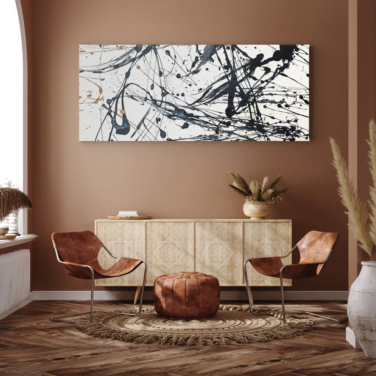 Bild auf Leinwand - Leinwandbild - Abstraktes Malmuster mit dynamischen Linien und Punkten - 160x50cm - Sinn machen oder keinen Sinn machen? - Moderne Wanddekoration für Wohnzimmer und Schlafzimmer ARTTOR