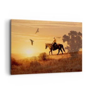 Bild auf Leinwand - Leinwandbild - Ein Reiter auf einem Pferd bei Sonnenuntergang vor der Prärie - 120x80cm - Allein durch die Prärie - Moderne Wanddekoration für Wohnzimmer und Schlafzimmer ARTTOR