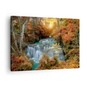 Bild auf Leinwand - Leinwandbild - Herbstlicher Wasserfall, umgeben von bunten Bäumen im Sonnenlicht - 70x50cm - Versteckter Schatz des Waldes - Moderne Wanddekoration für Wohnzimmer und Schlafzimmer ARTTOR