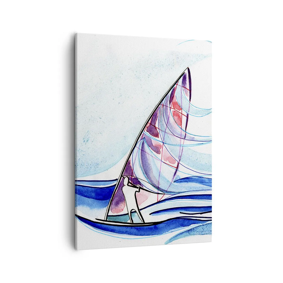 Bild auf Leinwand - Leinwandbild - Ein Surfer, der in einer abstrakten Aquarellkomposition auf den Wellen reitet - 50x70cm - Mit dem Wind im Rhythmus der Wellen - Moderne Wanddekoration für Wohnzimmer und Schlafzimmer ARTTOR