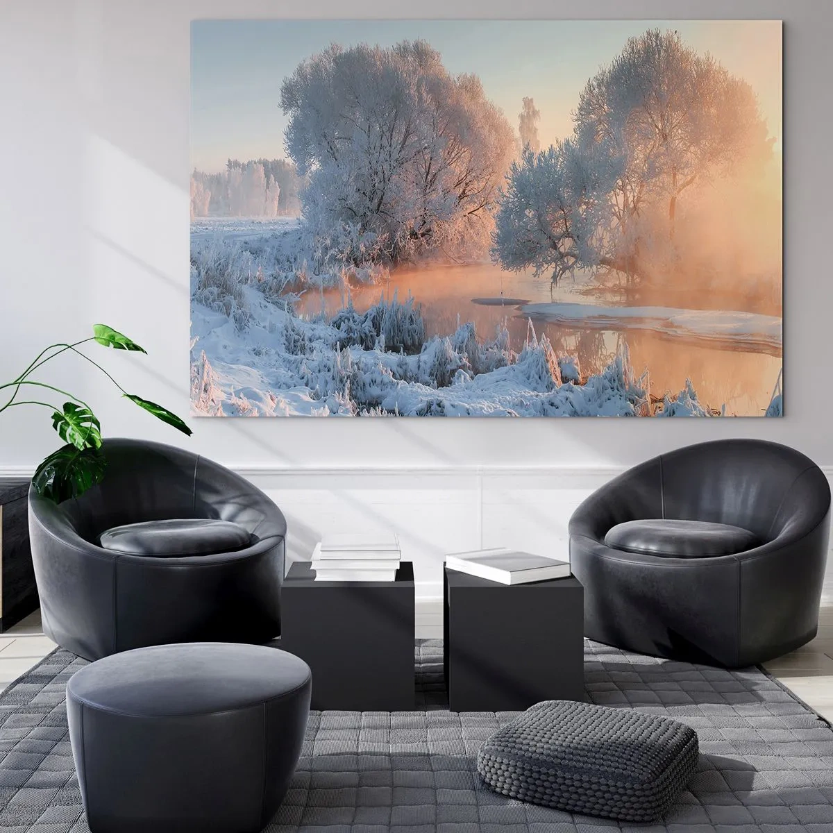 Glasbild - Bild auf glas - Winterlandschaft mit zugefrorenem See und Morgennebel - 120x80cm - Alles im Kristall glänzt in der Sonne - Moderne Wanddekoration für Wohnzimmer und Schlafzimmer ARTTOR