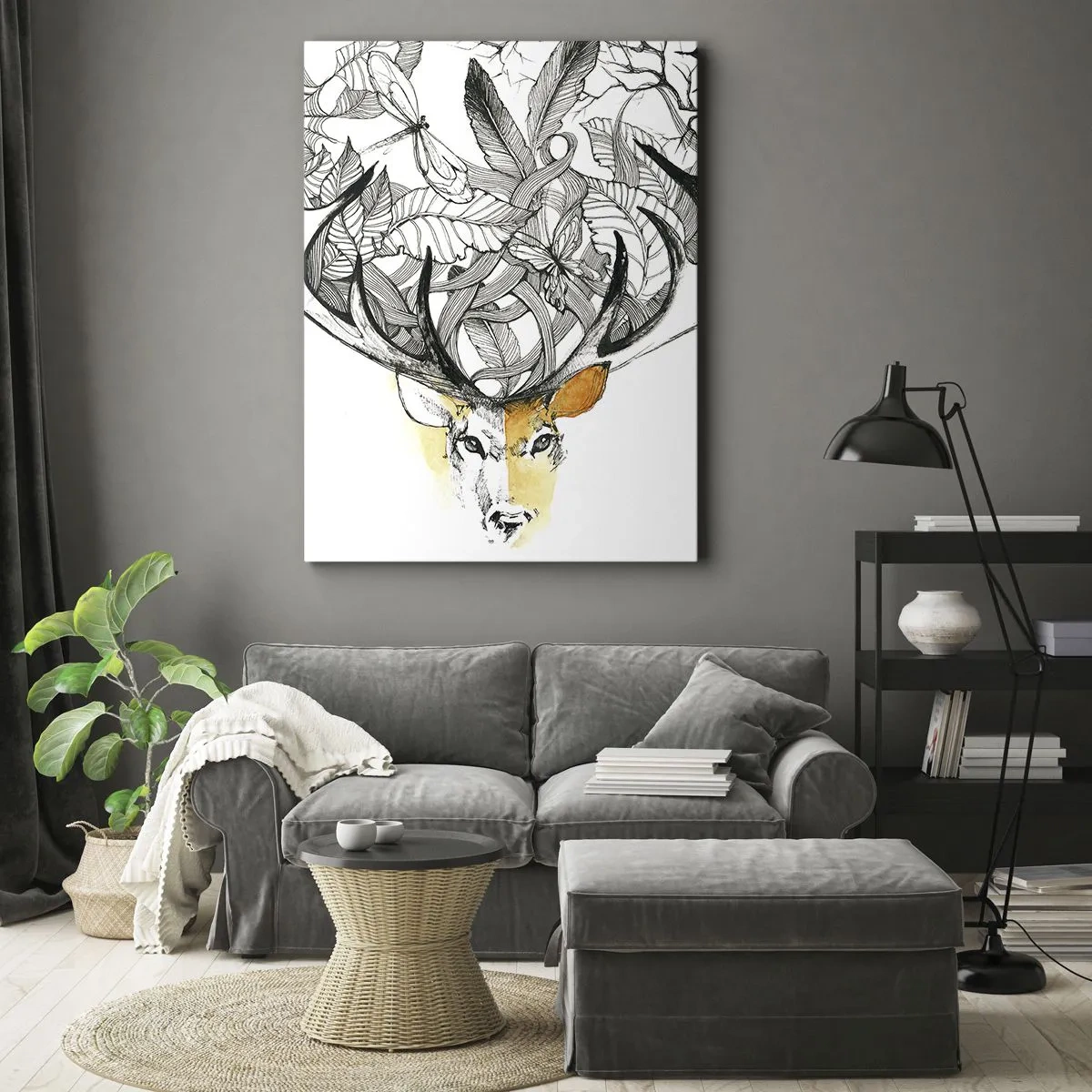 Bild auf Leinwand - Leinwandbild - Dezente Hirschgrafik mit dekorativem Geweih - 50x70cm - Ecken des Überflusses - Moderne Wanddekoration für Wohnzimmer und Schlafzimmer ARTTOR