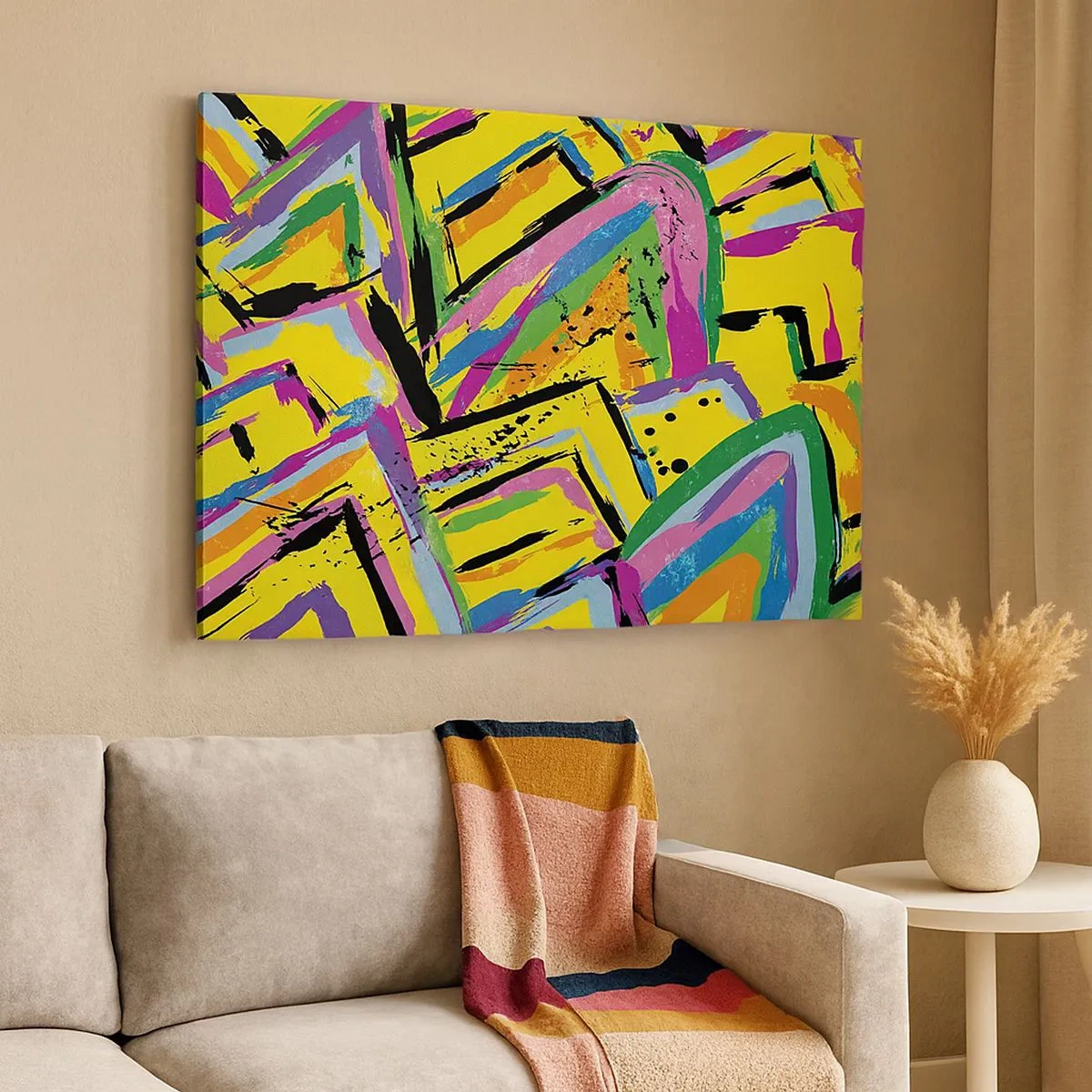 Bild auf Leinwand - Leinwandbild - Lebendige Abstraktion in leuchtenden Farben und dynamischen Formen - 70x50cm - Bis sie vor Freude schreit - Moderne Wanddekoration für Wohnzimmer und Schlafzimmer ARTTOR