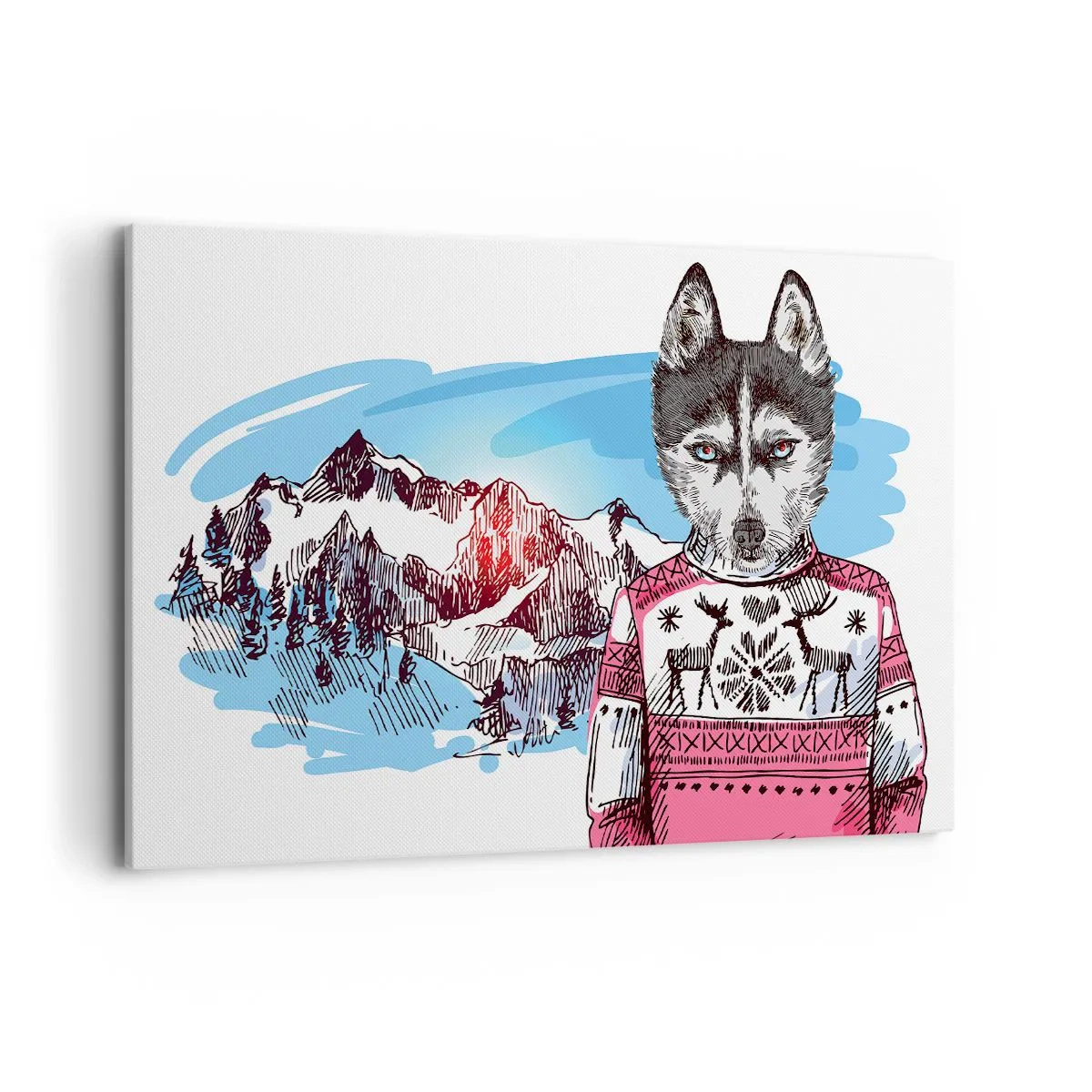 Bild auf Leinwand - Leinwandbild - Ein Wolf im Winterpullover vor einer Berglandschaft - 120x80cm - Ein Wolf in Schafwolle - Moderne Wanddekoration für Wohnzimmer und Schlafzimmer ARTTOR