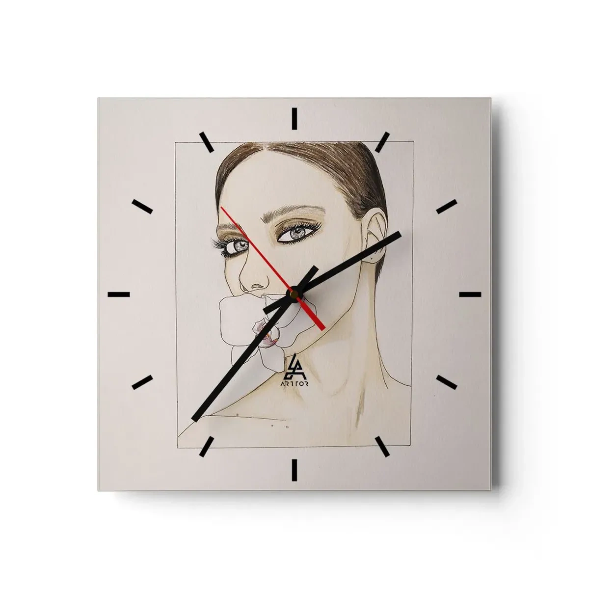 Wanduhr - Glasuhr - Porträt einer Frau mit einer Orchidee in zarten Farben - 30x30cm - Ein Symbol für Eleganz und Schönheit - Moderne Wanddekoration für Wohnzimmer und Schlafzimmer ARTTOR