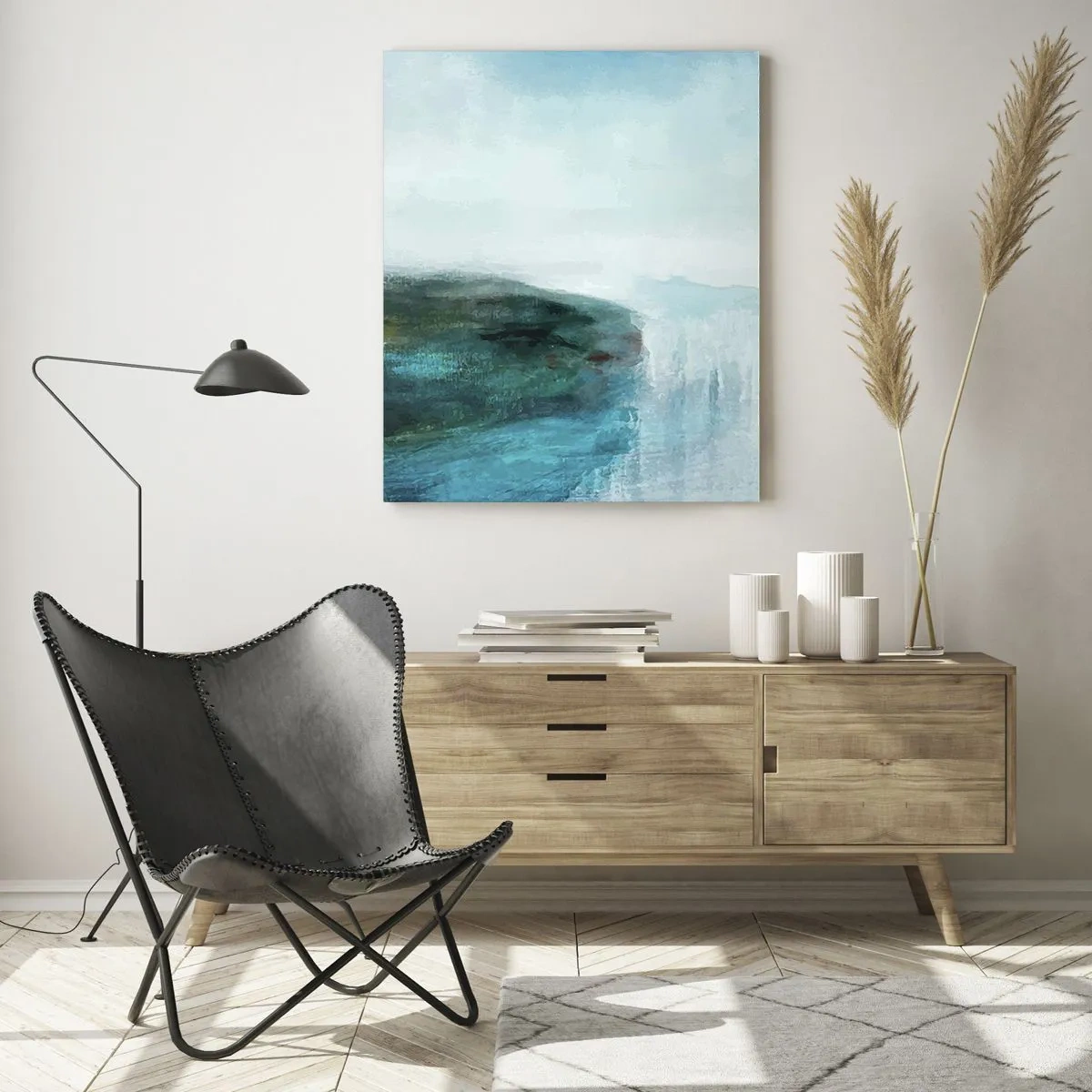 Glasbild - Bild auf glas - Abstrakte Wasserlandschaft mit dominanten blauen und weißen Farben - 50x70cm - Nautische Abstraktion - Moderne Wanddekoration für Wohnzimmer und Schlafzimmer ARTTOR