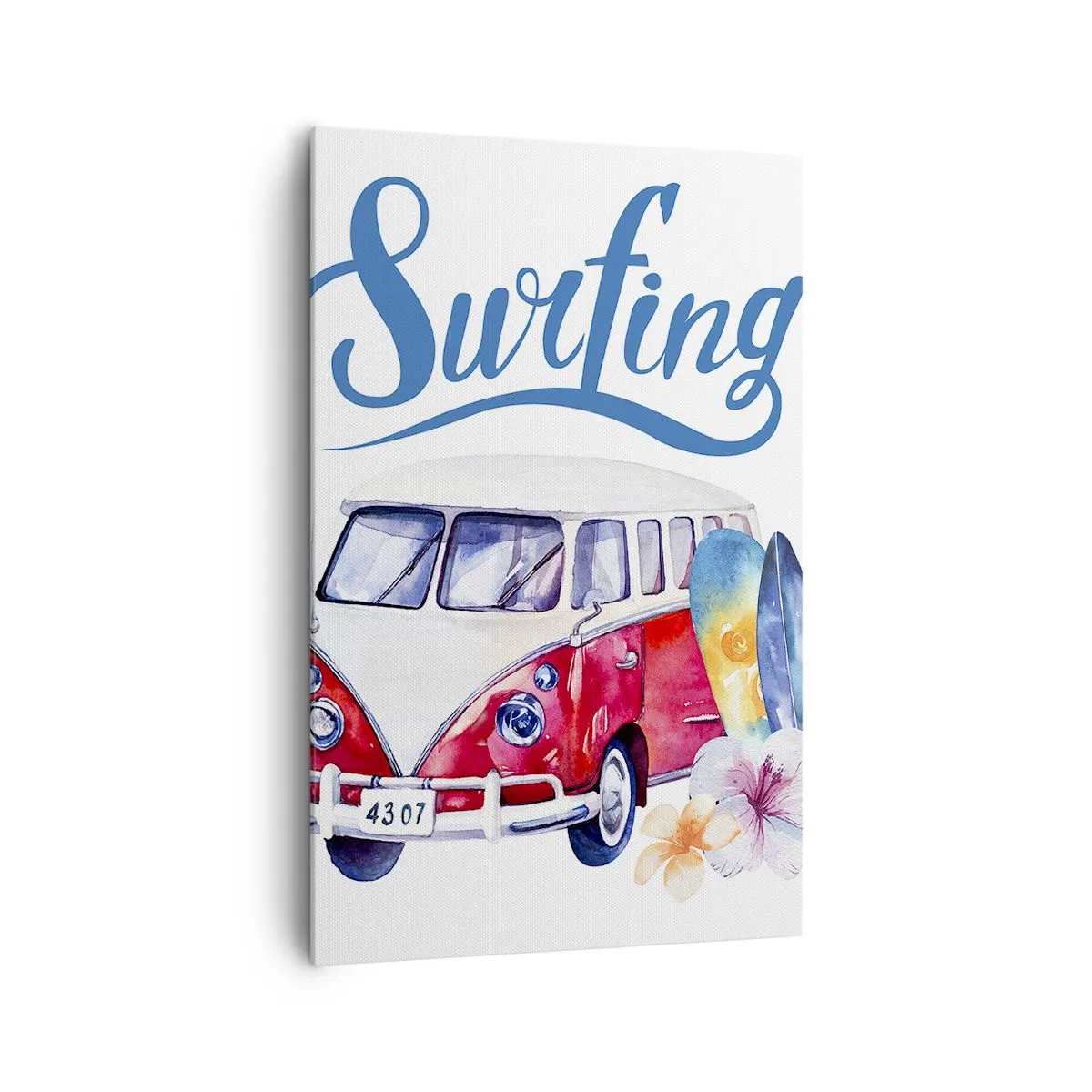 Bild auf Leinwand - Leinwandbild - Bunte Grafiken mit einem Bus und einem Surfthema - 80x120cm - Gurke - ein Klassiker für einen Surfer - Moderne Wanddekoration für Wohnzimmer und Schlafzimmer ARTTOR