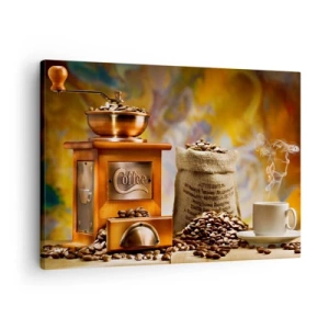 Bild auf Leinwand - Leinwandbild - Kaffeemühle mit Bohnen und einer Tasse auf dem Hintergrund - 70x50cm - Das Knirschen der Körner, das Rasseln einer Mühle - Moderne Wanddekoration für Wohnzimmer und Schlafzimmer ARTTOR